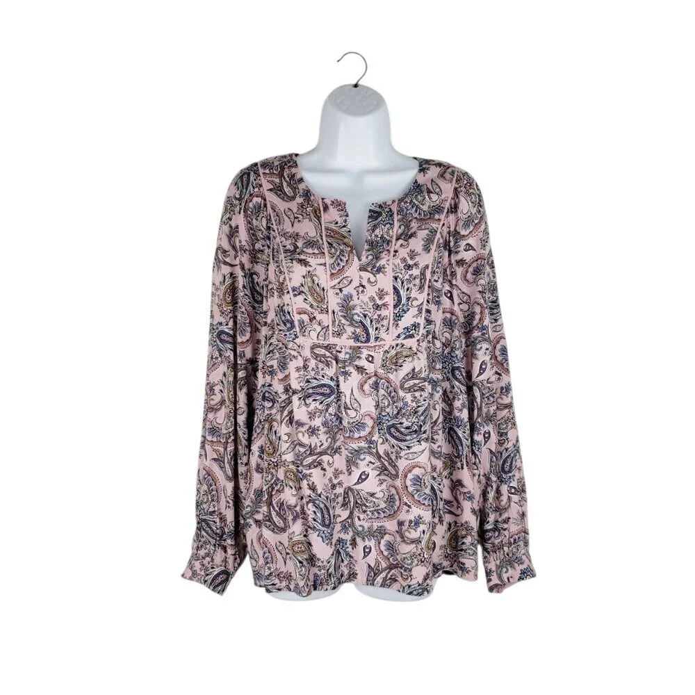 J Jill Relaxed Long Sleeve Piped Paisley Print Top Pink Boho Popover Size Small - Picture 1 of 7